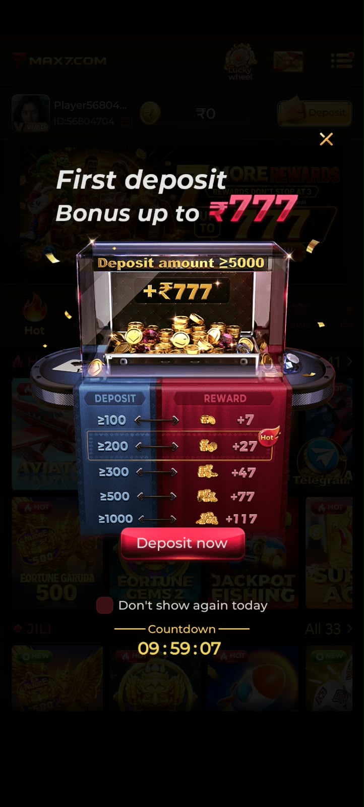 MAX7 Game first deposit bonus up to ₹777 promotion
