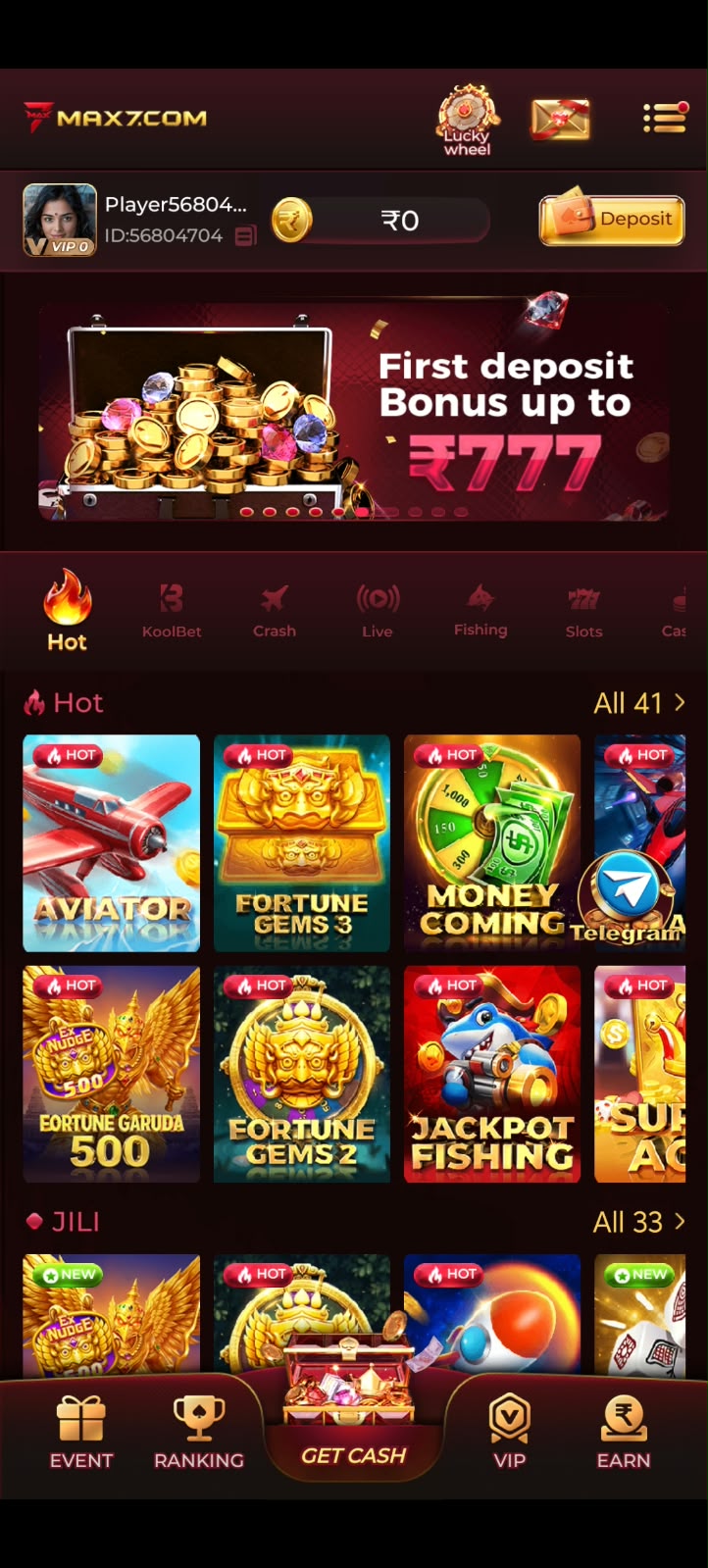 MAX7 Game home screen with ₹777 first deposit bonus and online games