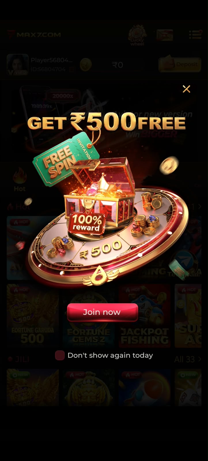 MAX7 Game ₹500 free reward and free spin promotion