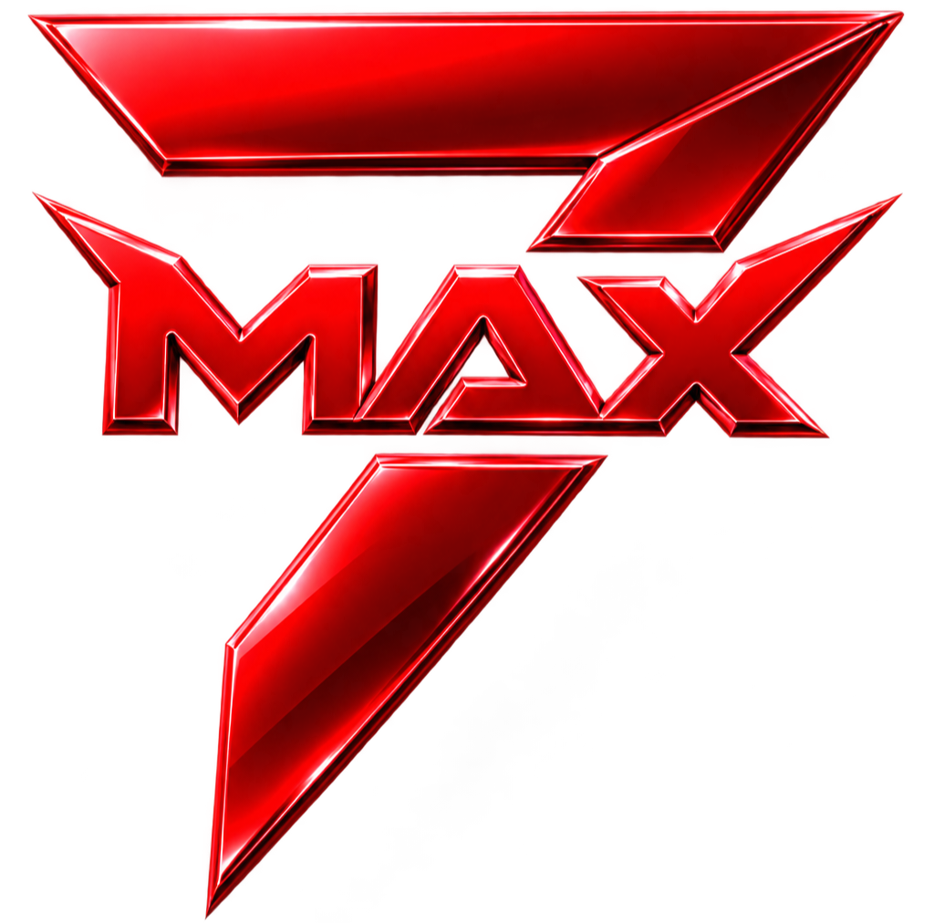 MAX7 Game logo in red 3D design on a black background